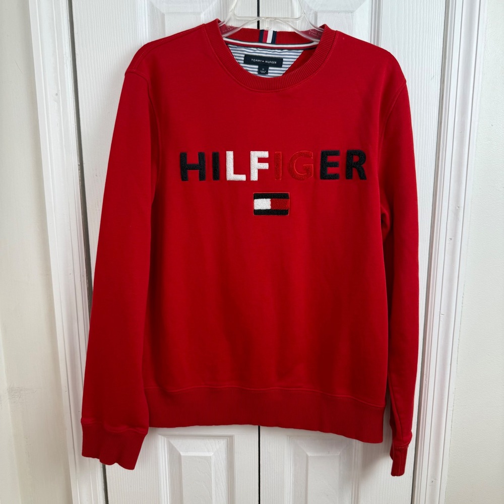Tommy‎ Hilfiger Red Crewneck Sweatshirt Long Sleeve Embroidered Logo Women's M